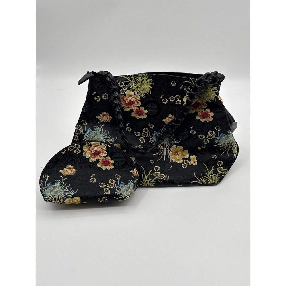 Vintage Black Floral Brocade Shoulder Bag with Matching Pouch Made in USA